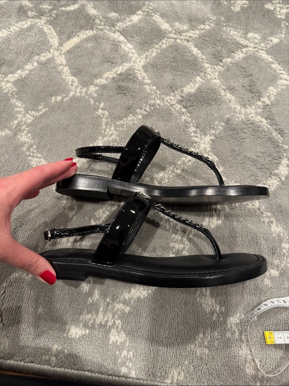 Authentic Black Chanel patent t-strap sandals